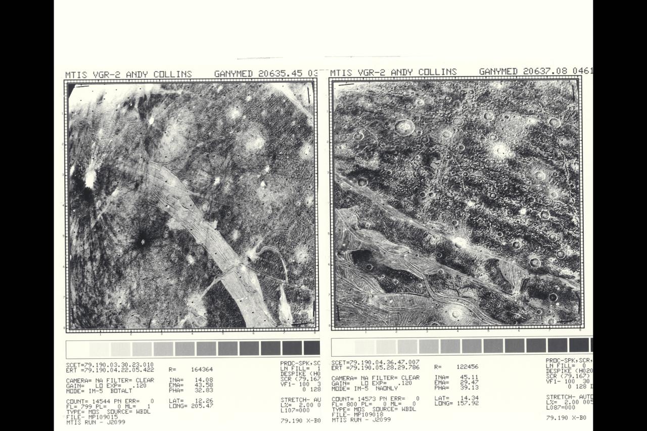 P-21756 BW only Range: 120,000 km (right)  169,000 km (left) Right: In the foreground of this picture taken by Voyager 2, the part of the surface of Ganymede shown is the typical grooved terrain as seen by Voyager 1. It consists of mutually intersecting bands of closely-spaced, parallel ridges and grooves. In the background is newly-cratered dark terrain across which can be traced several widely spaced parellel linear features. When viewed from a distance the line features appear to trace broad circular areas. The features resemble the circular ridges on Callisto that surround an almost complete annealed impact basin. The feature on Ganymede may be of similar origin but all traces of the impact itself have been destroyed. Left:  This picture of Ganymede shows that the dark contrast terrain is separated by bright bands of grooved terain. The band of closely spaced linear grooves in the foreground is 150 km across and appears to be offset by another narrow band at right angles, as though by faulting. A variety of ray patterns are seen around the craters. One is in the left of the picture, it has prominent dark rays around an inner bright halo. Other craters have dark haloes; others have diffuse bright rays. The variation of albedo patterns around the craters may be indications of layering in the surface materials. The intensity of the craters suggests the dark areas are extremely old. The bright grooved terrain is less cratered and probably somewhat younger.