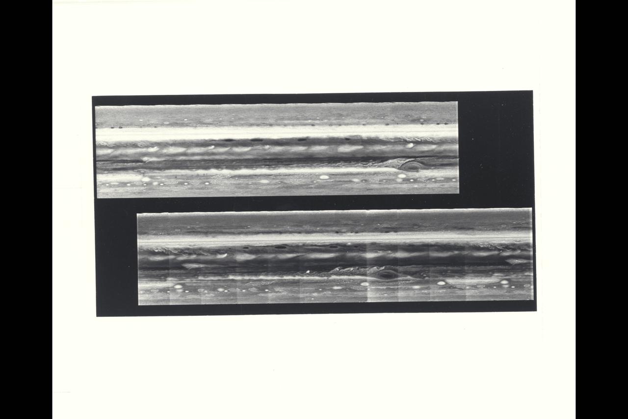 The cylindrical projections of Jupiter, representing both Voyager 1 (top) and Voyager 2 (bottom), are presented in this comparison.  The top picture extends 400 degrees longitude to 0 degrees (right edge).  It is aligned with the lower image so that the longitude scale is correct for both frames.  The comparison between the pictures shows the relative motions of features in Jupiter's atmosphere.  It can be seen that the Great Red Spot has moved westward and the white oval features eastward during the time between the acquisition of these pictures.  Regulare plume patterns are equidistant around the northern edge of the equator, while a train of small spots has moved eastward at approxiamately 80 degrees south latitude.  In addition to these relative motions, significant changes are evident in the recirculation flow east of the Great Red Spot, in the disturbed region west of the Greast Red Spot, and as seen in the brightening of material spreading into the equatorial region from the more southerly latitudes.