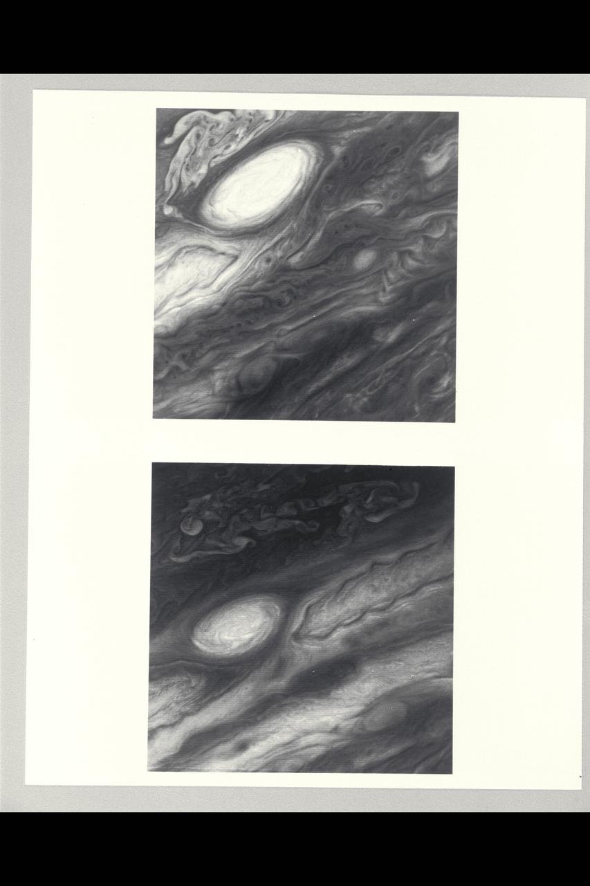 Range : 3.4 million km This pair of images shows two of the long-lived white oval clouds which have resided in the Jovian southern hemisphere for nearly 40 years. The upper picture shows the cloud that is at a longitude west of the Great Red Spot, and the lower frame, the cloud at a longitude east of this feature. The third oval is currently just south of the Great Red Spot. The clouds show very similar internal structures. To the east of each of them, recirculation currents are clearly seen. In the lower frame, a similar structure is seen to the west of the cloud. Although a recirculation current is associated with the upper western region of the cloud, it is further away from this feature and not seen in the image. This photo was taken by Voyager 2.