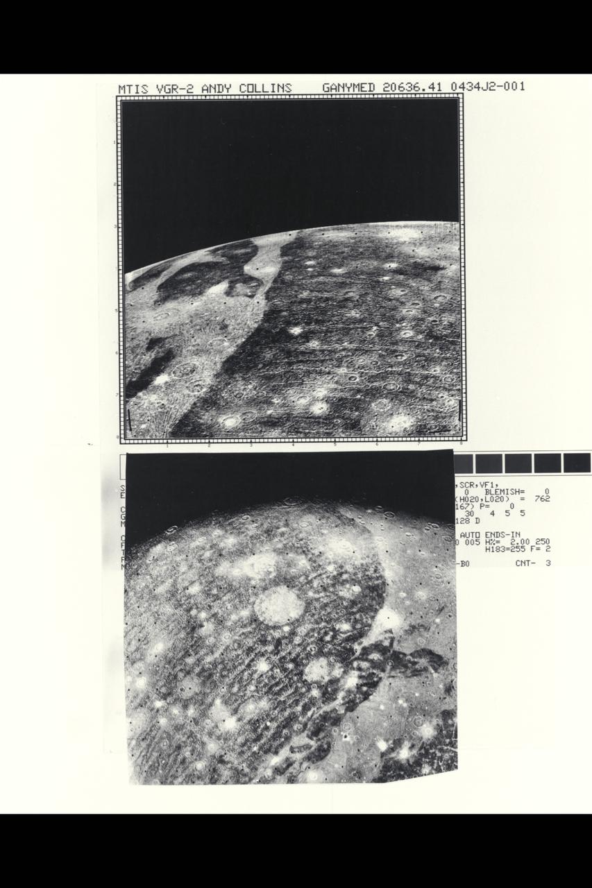 Range :  top- 86,000  miles  bottom- 192,000 mi. These two close-ups of Ganymede, the largest of Jupiter's 13 moons, show different views of the largest block of dark, heavily cratered terrain. The bottom image shows objects 3 or 4 miles across, with resolution of about 1.5 miles.  The light, linear stripes recurring across the dark region resemble the outer rings of  the large ring structure around Callisto. If these features are related to an ancient ring structure formed by a large impact, their small curvature suggests that the original structure was even larger than one seen on Callisto. There is no apparent trace now of the center of this suggested structure, which must have been destroyed by the resurfacing evident over most of Ganymede in the grooved terrain. Another interpretation is that these features are not impact-related rings, but rather internally produced fractures crossing the dark terrain, similiar to the grooved bands.