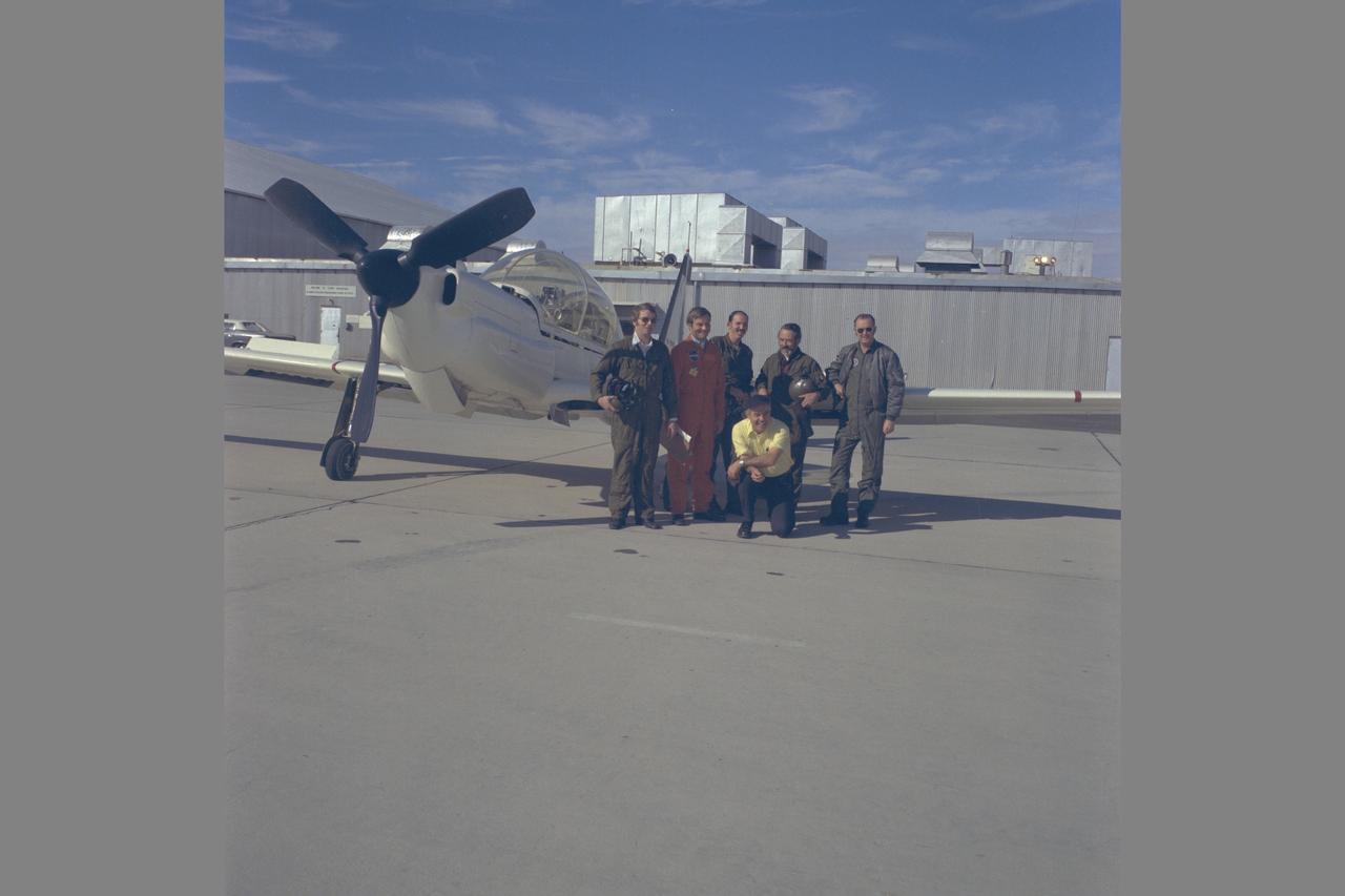 Lockheed YO-3A (USA 69-18010 NASA 718)  TEST FLIGHT AT EDWARDS AIRFORCE BASE (FLIGHT RESEARCH CENTER).  Rotorcraft Research.  Acoustics Research Team from left to right: Don Boxwell, Fred Schmitz, Bob Williams, Lee Jones, Bob George, Vance Duffy.   NASA SP Flight Research at Ames: 57 Years of Development and Validation of Aeronautical Technology Fig. 142
