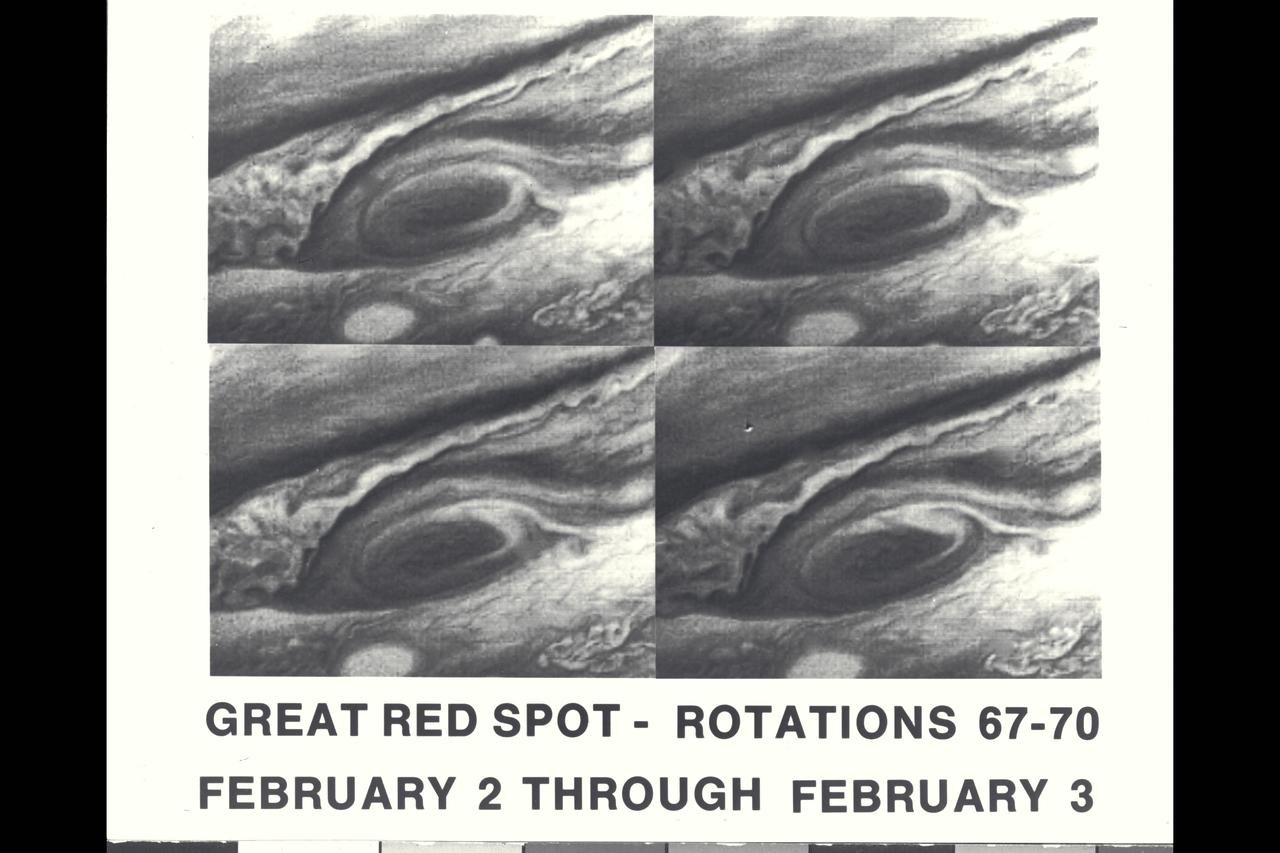 These four pictures of Jupiter's Great Red Spot were taken Feb. 2 and 3, 1979, when Voyager 1 was about 31 million kilometers (19.4 million miles) from Jupiter.  The pictures were taken one Jupiter rotation apart, and that together they depict four days in the life of the centuries-old Red Spot.  The pictures clearly demonstrate changes in circulation around the Red Spot during the 40-hour period.  The photos were taken through a blue filter.  Jet Propulsion Laboratory manages the Voyager project for NASA's Office of Space Science. (JPL ref. No. P-21148)