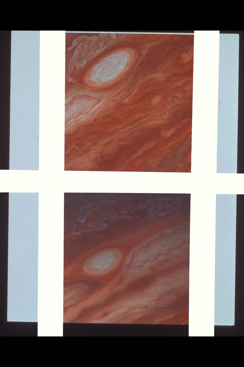 Range : 3.4 million km This pair of images shows two of the long-lived white oval clouds which have resided in the Jovian southern hemisphere for nearly 40 years. The upper picture shows the cloud that is at a longitude west of the Great Red Spot, and the lower frame, the cloud at a longitude east of this feature. The third oval is currently just south of the Great Red Spot. The clouds show very similar internal structures. To the east of each of them, recirculation currents are clearly seen. In the lower frame, a similar structure is seen to the west of the cloud. Although a recirculation current is associated with the upper western region of the cloud, it is further away from this feature and not seen in the image. This photo was taken by Voyager 2.