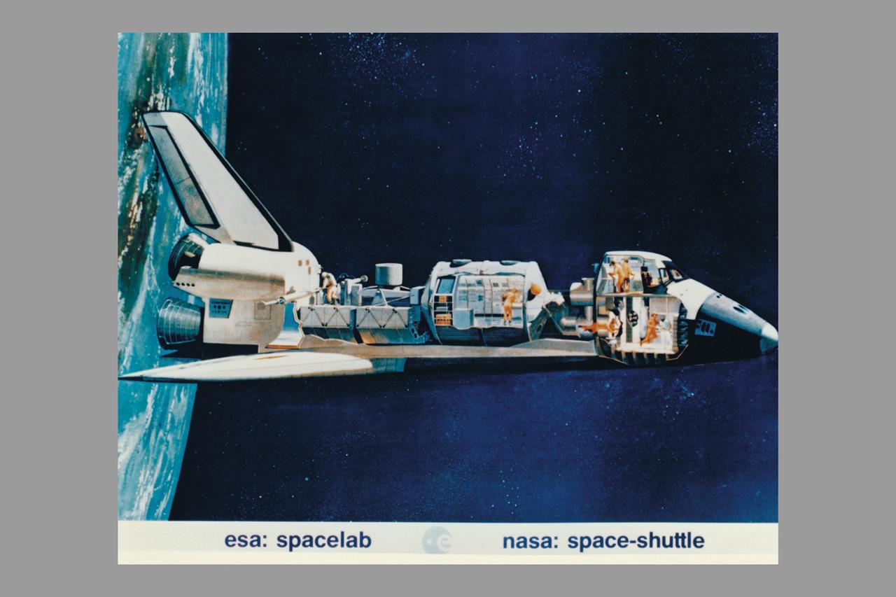 Space Shuttle cutaway showing astronauts working with ESA Spacelab