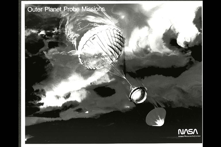 (P-19180) Galileo Probe descending into Jupiters atmosphere (artwork)