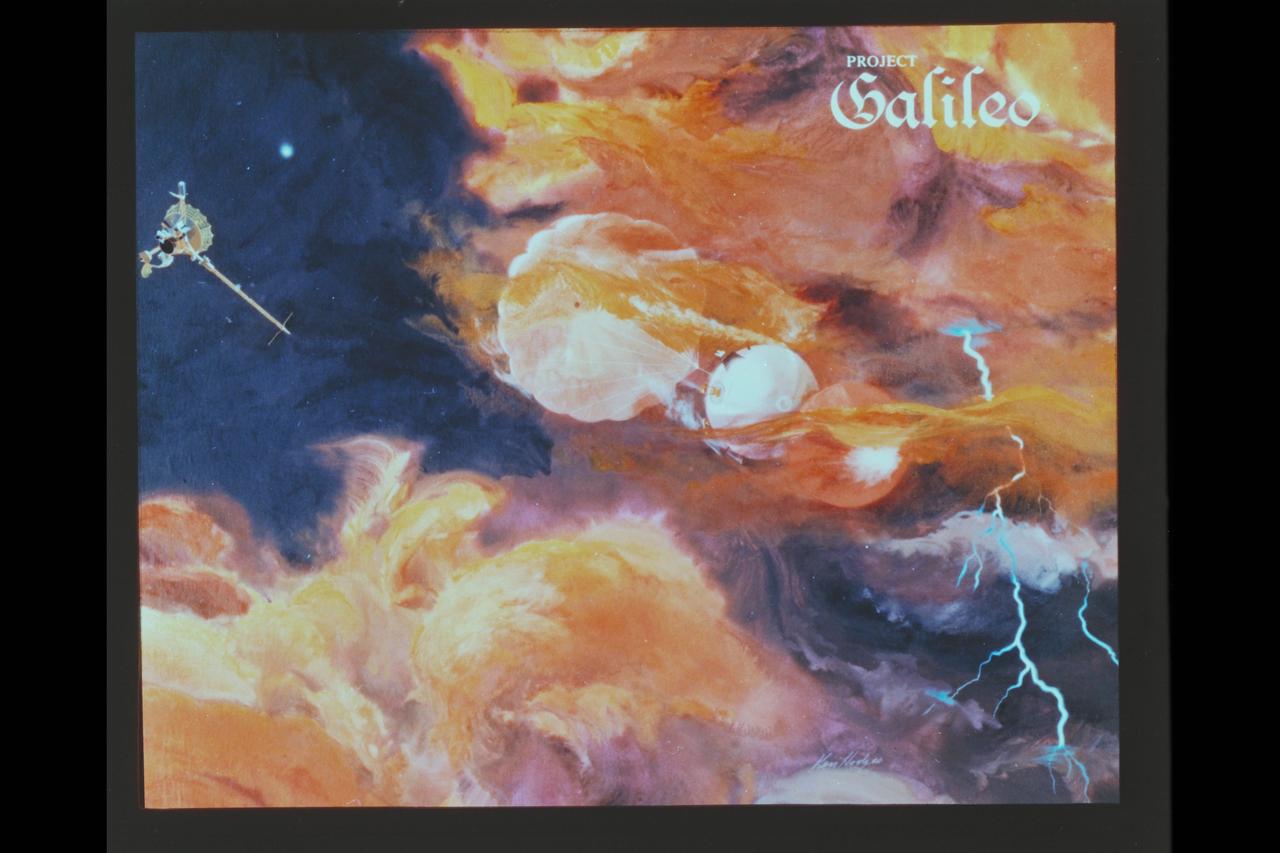Artist: Ken Hodges Pioneer Galileo Probe descending into Jupiter's Atmosphere with parachute deployed, heat shield separation, while orbiter collects data from above (from JPL files - no reference nunber available)