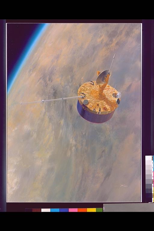 Artist: Paul Hudson Pioneer Venus Orbiter expected to orbit the planet from 1978 to 1992 when the spacecraft will enter and be destroyed in Venus' upper atmosphere