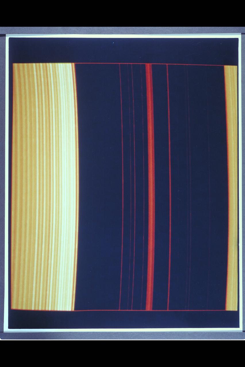 Resolution :  2 km. ( 1.2 miles ) P-24069C In this computer generated photograph, created from a cross section of Saturn's rings by Voyager 2 photopolarimeter's star occulation, the Encke Division in the outer A-ring. Clearly shown is the central ringlet, also observed by the imaging cameras.