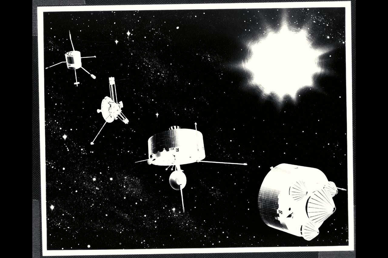 Artist: Fornalski Pioneer Spacecraft Composite 'The Pioneer Family'  Probes 6-9, 10, 11 and Venus Orbiter and Multiprobe or Bus (12-13)