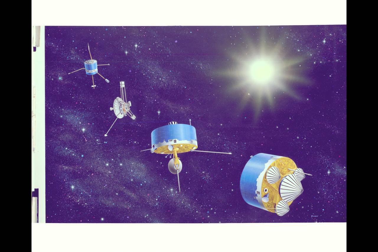 Artist: Fornalski Pioneer Spacecraft Composite 'The Pioneer Family'  Probes 6-9, 10, 11 and Venus Orbiter and Multiprobe or Bus (12-13)