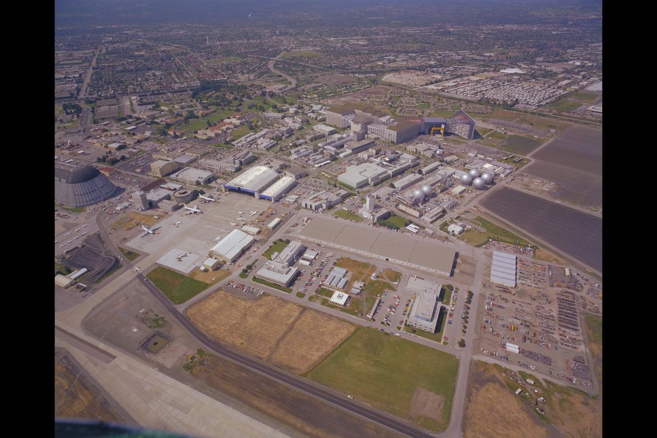 NASA Ames Research Center and Moffett Field Aerial view. - taken from runway looking North west