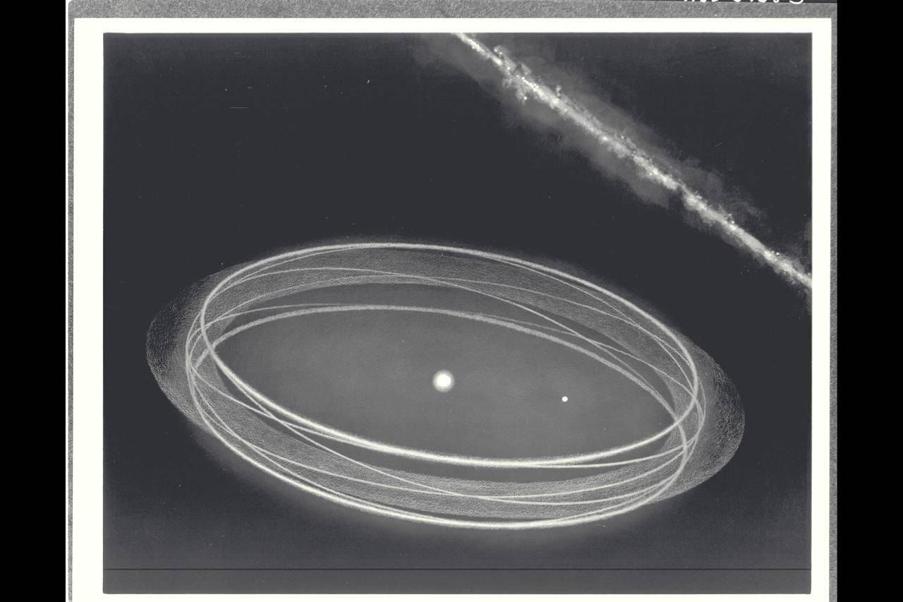 This artist's concept show how it is possible for a single collection of particles, which share a common family of orbits around the Sun, to produce the appearance of identical bands on either side of the zodical or ecliptic plane. The bands were discovered in data from the Infrared Astronomical Satellite. Also illustrated is the concept of a comet/asteroid collision which could have created a cloud of debris. The dust cloud, as depicted here, has the orbital parameters needed to produce the band structure observed by IRAS.