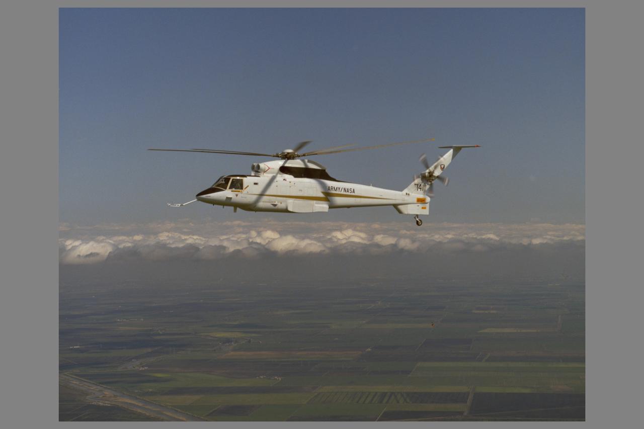 Sikorsky RSRA - Rotor Systems Research Aircraft (72-002 NASA 741) in helicopter configuration flight. Note: Used in publication in Flight Research at Ames; 57 Years of Development and Validation of Aeronautical Technology NASA SP-1998-3300 fig. 131
