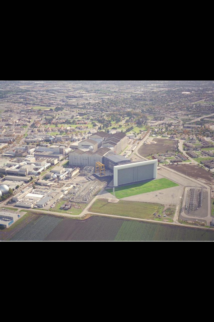 Ames Research Center, Moffett Field, CA Aerials showing the National Full Scale Aerodynamic Complex (NFAC) which can be seen from U.S. Highway 101 in Northern California  (NOTE: this image in a vertical cropped version was used on the cover of the NFAC dedication brochure)