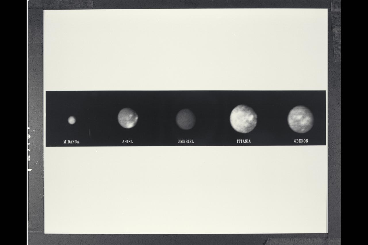 Range : 5 to 6.1 million km. ( 3.1-.8 million miles ) P-29314B/W This 'family portrait' of Uranus' five largest moons was compiled from images sent back from Voyager 2 The photographs were taken through a clear filter.