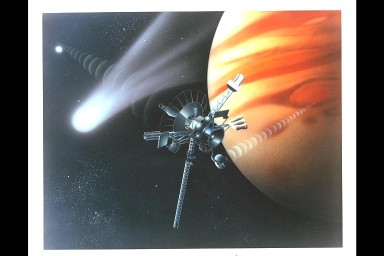 Pioneer Galileo mission trajectory artwork  depicting radio signal from Earth  to spacecraft to planet and  comet crossing spacecrafts' orbit