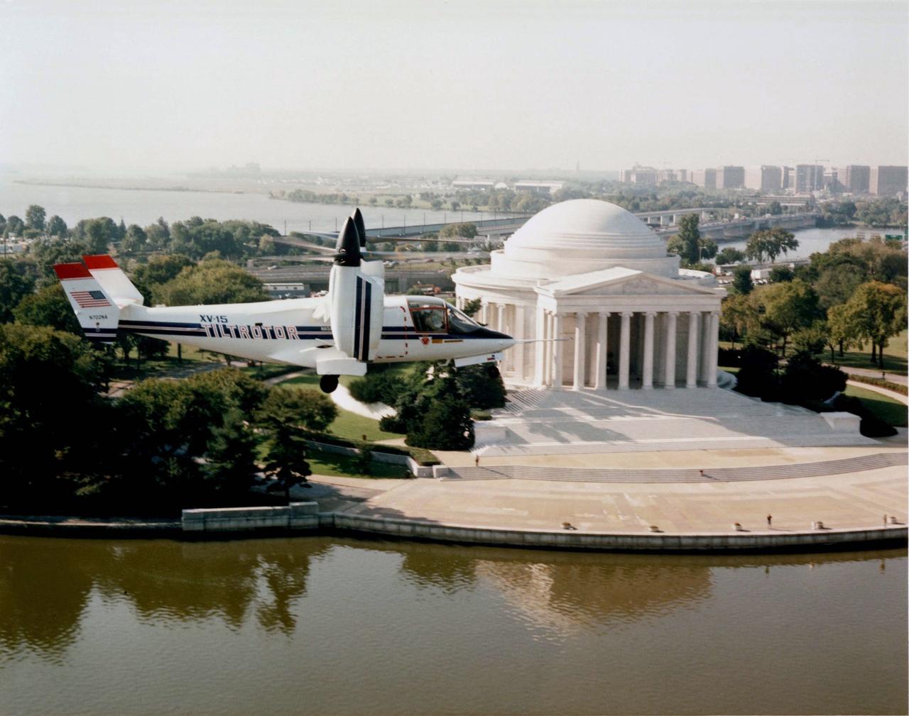 XV-15 Tilt Rotor in flight by Jefferson Memorial, Washington D.C.