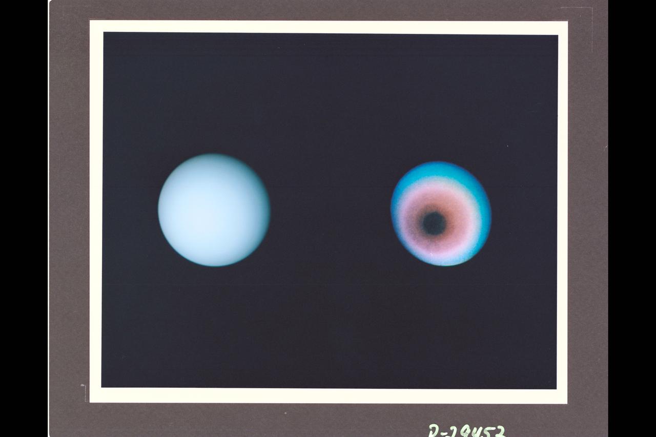 P-29452 These two images of Uranus are shown here to reveal the pole rotation of the planet, as photographed by Voyager 2. The left is seen as the human eye would see, and the right isfalse color to reveal more intricate details.