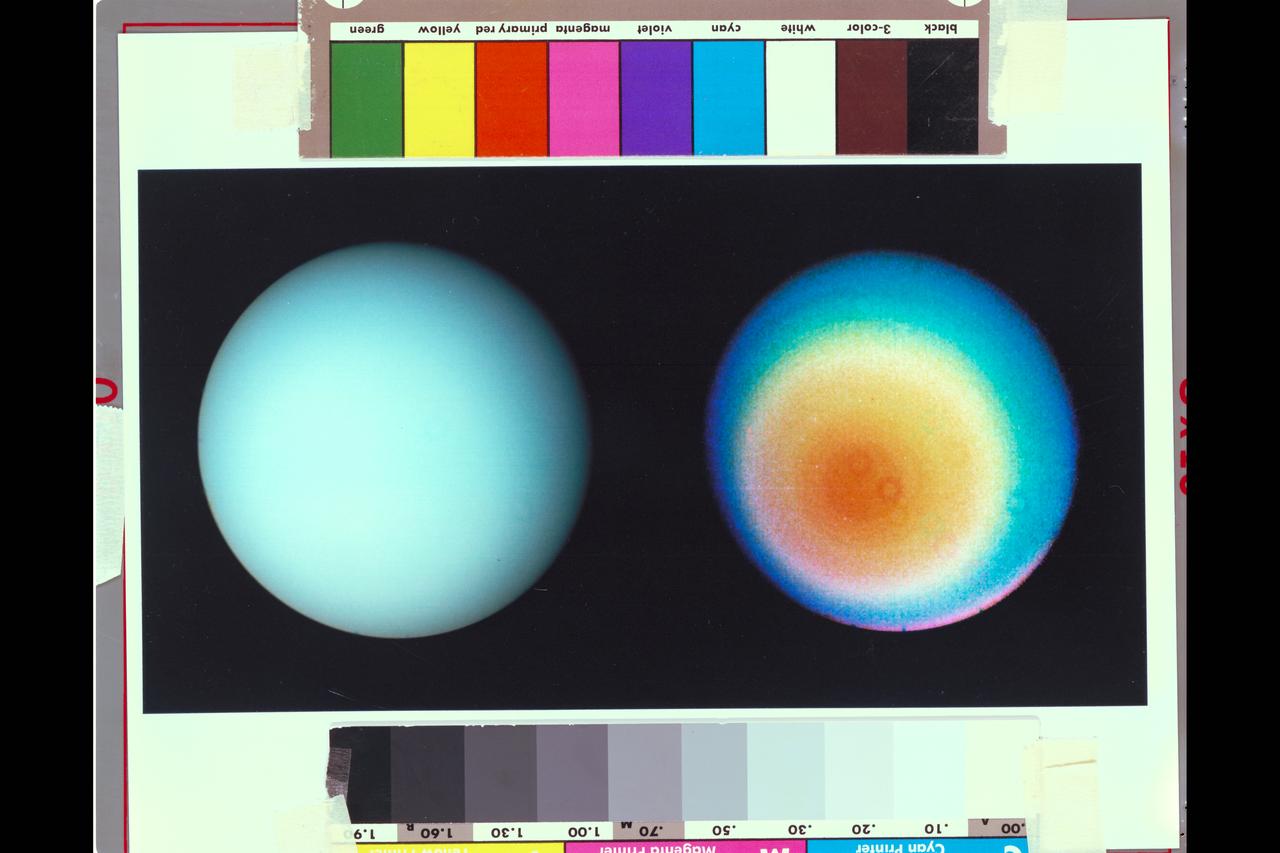 Range : 9.1 million miles (5.7 million miles) P-29478C These two images pictures of Uranus, one in true color and the other in false color, were shot by Voyager 2's  narrow angle camera. The picture at left has been processed  to show Uranus as the human eye would see from the vantage point of the spacecraft. The image is a composite of shots taken through blue, green, and orange filters. The darker shadings on the upper right of the disk correspond to day-night boundaries on the planet. Beyond this boundary lies the hidden northern hemisphere of Uranus, which currently remains in total darkness as the planet rotates. The blue-green color results from the aborption of red light  by methane gas  in Uranus' deep, cold, and remarkably clear atmosphere. The picture at right uses false color and extreme contrast to bring out subtle details in the polar region of Uranus. Images obtained through ultraviolet, violet, and orange filters were respectively converted to the same  blue, green, and red colors used to produce the picture at left. The very slight contrasts visible in true color are greatly exaggerated here. In this false colr picture, Uranus reveals a dark polar hood surrounded by aseries of progressively lighter concentric bands. One possible explanation is that a brownish haze or smog, concentrated around the pole, is arranged into bands of zonal motions of the upper atmosphere. Several artifacts of the optics and processing are visible. The occasional donut shapes are shadows cast by dust in the camera optics;the processing needed to bring ot faint features also bring out camera blemishes. in addition, the bright pink strip at the lower edge of the planets limb is an artifact of the image enhancement. In fact, the limb is dark and uniform in color around the planet.