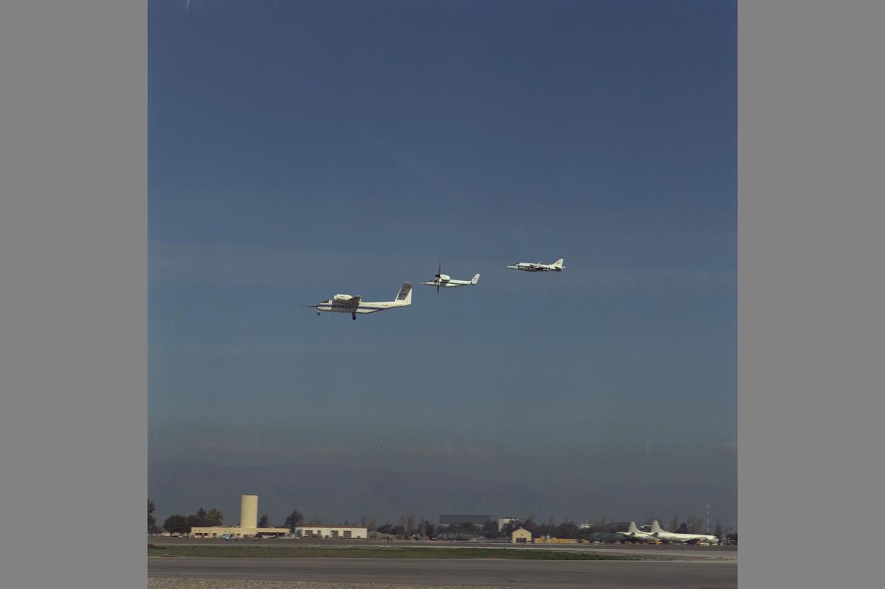 NASA AMES Photographers N-258 NAS DEDICATION CEREMONY.  air show VSTOL aircraft QSRA, XV-15 Tiltrotor, AV-8B Harrier in flight formation NOTE: CROP IN ON IMAGE VERTICAL format is AC87-0180-454.1