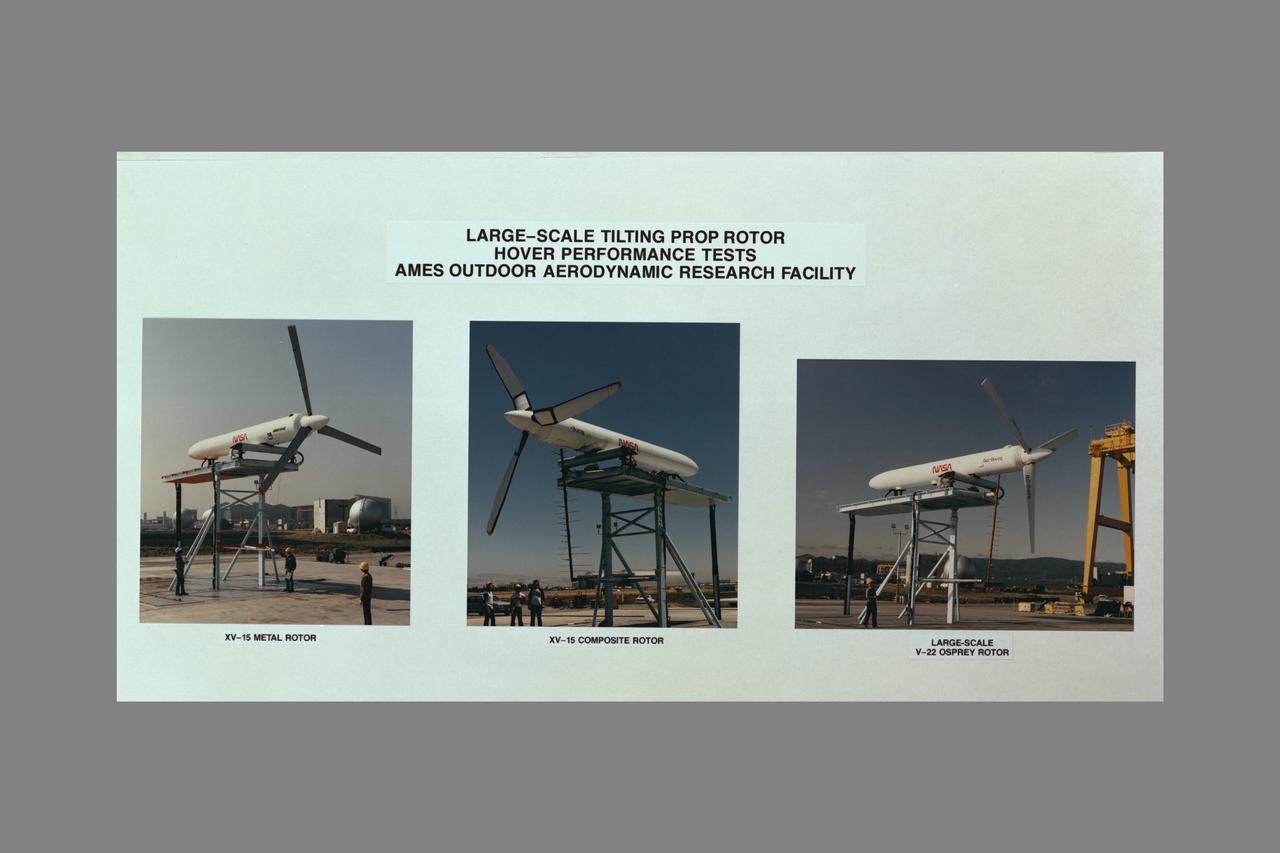 NASA Ames Graphics of LARGE-SCALE TILTING PROP ROTOR HOVER PERFORMANCE TESTS AMES OARF COMPOSITE.  (ref:  XV-15 Metal Rotor AC84-0176-13, XV-15 Composite Rotor from AC84-0498 series, V-22 Osprey AC84-0059-11 testing at OARF)