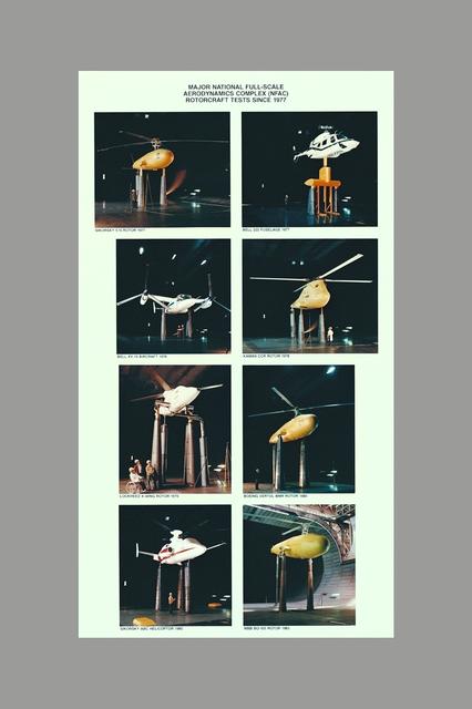 NASA Ames Graphics MAJOR NATIONAL FULL-SCALE AERODYNAMICS COMPLEX (NFAC) ROTORCRAFT TESTS SINCE 1977 COMPOSITE.   Sikosky S-76 Rotor AC77-0045, Bell 222 fuselage AC77-1388-1, Bell XV-15 Aircraft AC78-0579-3, Kaman CCR Rotor AC78-0731-1, Lokcheed X-Wing Rorotr AC79-0367-4, Boeing VERTOL BMR Rotor AC80-0120-2, Sikordky ABC Helicopter AC80-0467-17, MBB BO-105 Rotor AC83-0309-157