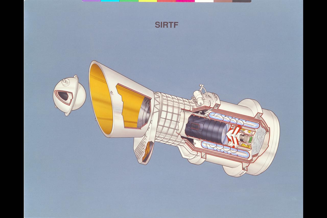 Artist: Rick Guidice SIRTF Artwork update - cutaway Space Infrared Telescope Facility's will orbit at 900 kilometers aboard a platform-type spacecraft, providing power, pointing, and communications to Earth. The telescope and its infrared instruments, will reside within a cylindrical cryogen tank. The hollow walls of the tank will contain the superfluid helium that cools the telescope to its operating temperature, a few degrees above absolute zero. SIRTF will carry three versatile instruments to analyze the radiation it collects, the Multiband Imaging Photometer, the Infrared Array Camera, and the Infrared Spectrograph. SIRTF long lifetime - 5 years or more - will permit astronomers of all disciplines to use the facililty to carry out a wide variety of astrophysical programs. It will provide ongoing coverage of variable objects, such as quasars, as well as the capability to study rare and transient events such as comets and supernovae. SIRTF's long lifetime will also allow it to distinguish nearby objects by detecting their gradual motions relative to the more distant background stars.