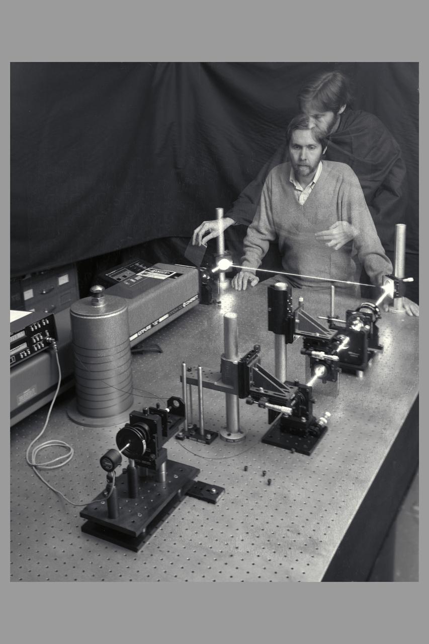 N-213 Laser Optics Laboratory - double exposed polaroid by Ken McAlister (engineer) 3-17-89 with Dana Lynch