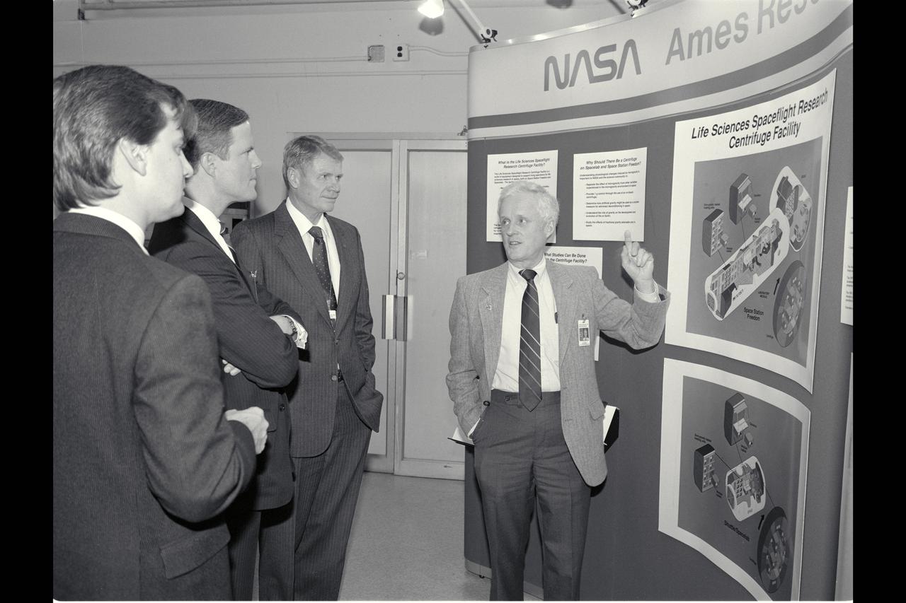 California Congressman Tom Campbell (15th District) stops on a tour of Ames with Dale Compton, Ames Director to learn about the SSBRP project for Space Station