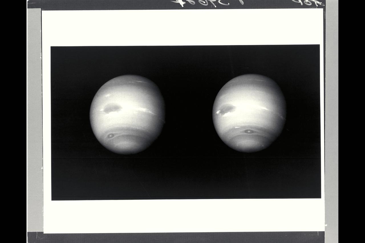 Range :  12 million km (7.5 million miles) Resolution 110 km (68 miles) per pixel. These 2 images of Neptune were taken by Voyager 2's narrow-angle camera.  During the 17.6 hours between the left and right images, the Great Dark Spot, at 22 degrees south latitude (left of center), has completed a little less than one rotation of Neptune.  The smaller dark spot, at 54 south, completed a little more than one rotation, as can be seen by comparing its relative positions in the two pictures.  The Great Dark Spot and the smaller spot have a relative velocity of 100 meters per second (220 miles an hour).  The light and dark bands circling Neptune indicate predominantly zonal (east-west) motion.  The diffuse white feature north of the Great Dark Spot is near Neptune's equator, and rotates with about the same period as the Great Dark Spot.  Streak of bright clouds at the south edge, and just east of the Great Dark Spot, are its constatnt companions, and change the details of their appearance, often within a few hours.  Changing brightness of the cloud streaks could be a result of vertical mortions.