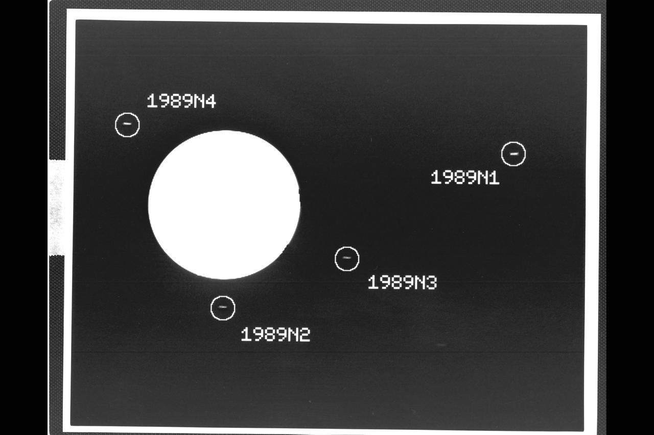 P-34540 Range: 37.3 million kilometers (23.6 million miles) This image captured by the Voyager 2 spacecraft was used to confirm the discovery of three new satellites orbiting Neptune. The 46-second exposure was taken with the narrow angle camera and shows the large globe of the planet to be severely overexposed and almost pure white in appearance. The image has been computer-processed to accentuate the new moons, which otherwise would be hard to distinguish from background noise. The satellite 1989N1, at right in this frame, was discovered by Voyager 2 in early July 1989. The new satellites confirmed later are 1989N2, 1989N3 and 1989N4. Each of the moons appears as a small streak, an effect caused by movement of the spacecraft during the long exposure. The new moons occupy nearly circular and equatorial orbits ranging from about 27,300 to 48,300 kilometers (17,000 to 30,000 miles) from Neptunes's cloud tops, and are estimated to range in diameter from about 100 to 200 kilometers (about 60 to 125 miles).