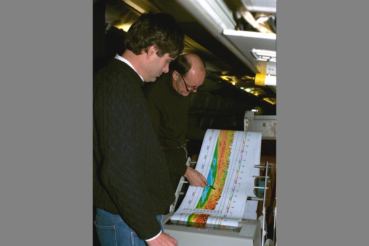 Arctic Ozone Expedition Stavanger Norway: Arlin Carter, NASA Langley Research Center, is shown here with colleague during flight collecting data on the laser ozone mapping experiment. This experiment uses laser beams to determine the extent of column ozone above the DC-8 flying laboratory on which the laser experiment flys.