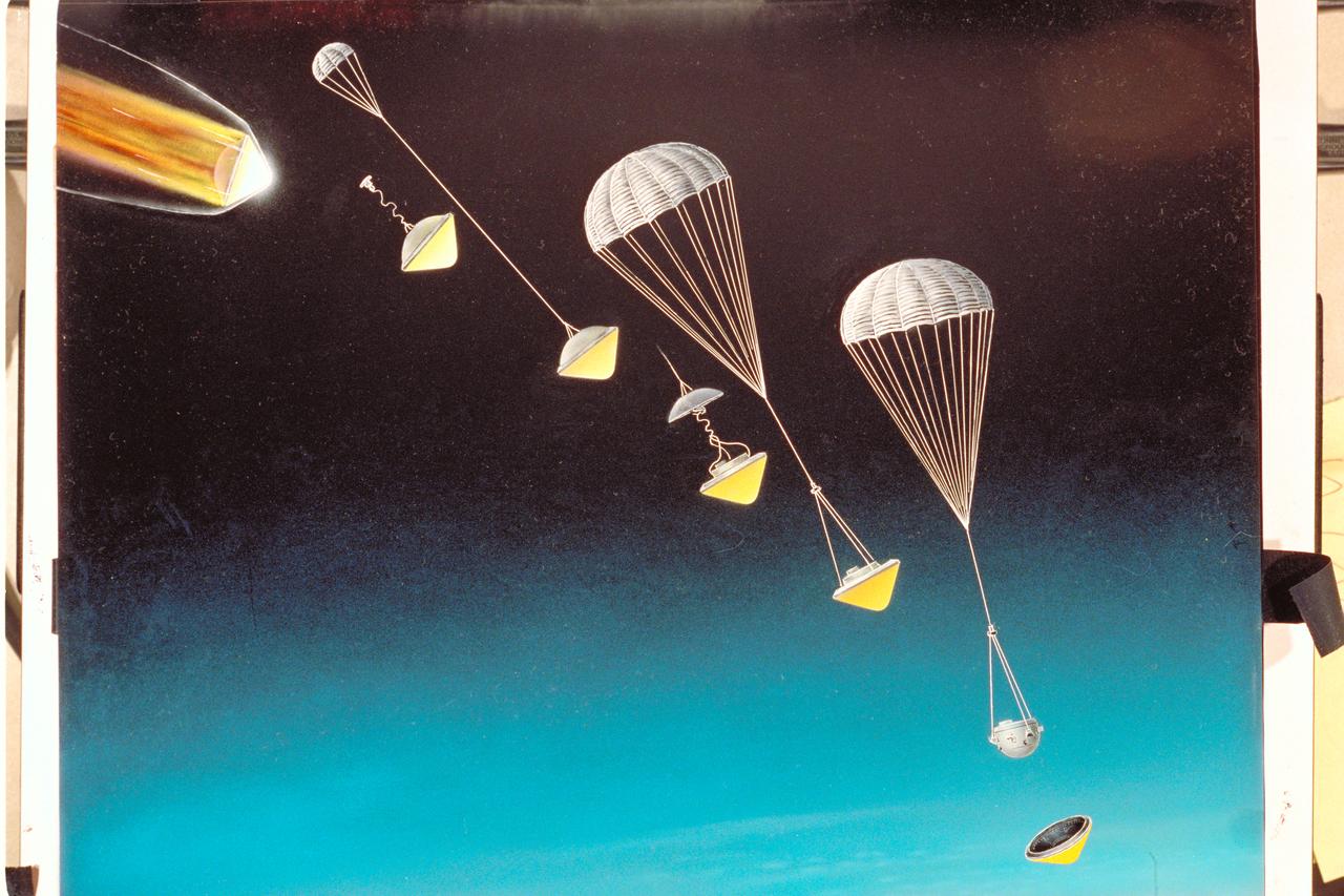 Artist: unknown Jupiter Mission: Pioneer Galileo Entry Probe Artwork (descent and separation)