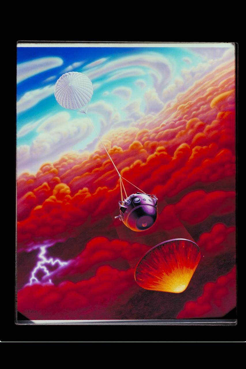 Artist: C Kallas Jupiter Mission: Pioneer Galileo Entry Probe Artwork (heatshield separation) (jpl ref: 4S30599)