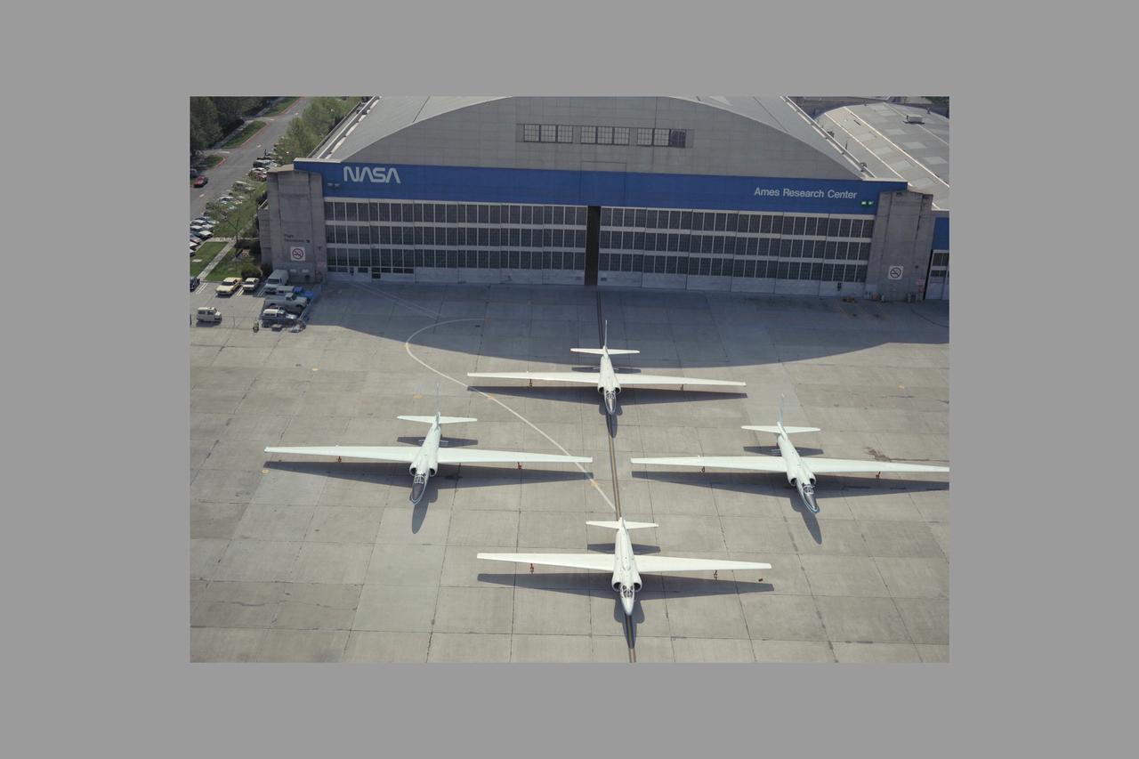High Altitude MTPE Aircraft on flight line in front of N-211 hangar - three ER-2 and retiring U-2