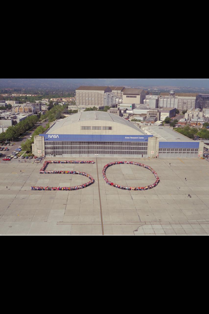 Nasa Ames 50 year celebration, employees on ramp for television show 'Good Morning America' group photo