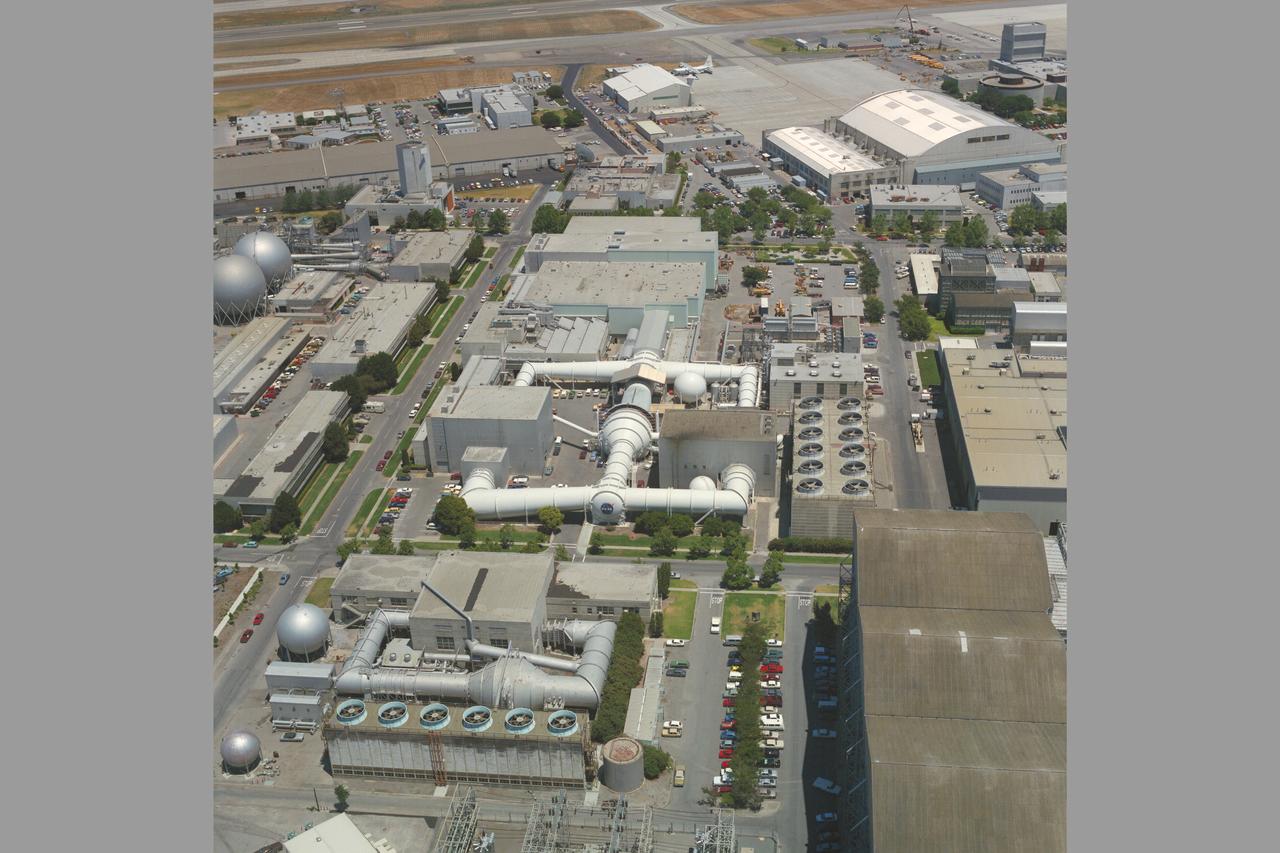 Aerial view of Unitary Plan Wind Tunnel complex with NASA insignia