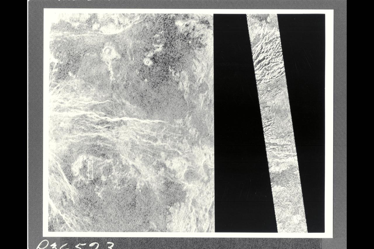 This image shows a comparison between a Magellan image (right) and the highest resolution Earth-based radar image of Venus, obtained by the US National Astronomy and Ionosphere Center's Arecibo Observatory in Puerto Rico. The small white bot in the Arecibo image on the left corresponds to the Magellan image. This portion of a Magellan radar image strip shows a small region on the east flank of a major volcanic upland called Beta Regio. The image is centered a t 23 degrees north latitude and 286.7 degrees east longitude. The ridge and valley network in the middle part of the image is formed by intersecting faults which have broken the Venusian crust into a complex deformed type of surface called tessera, the Latin word for tile. The parallel mountains and valleys resemble the Basin and Range Province kn the western United States. The irregular dark patch near the top of the image is a smooth surface, proboably formed by lava flows in a region about 10 km (6 mi.) across. Similar dark surfaces within the valleys indicate lava flows that are younger than the tessera. The Arecibo image contains probable impact craters, mapped in detail by Magellan. The Magellan image has a resolution of 120 meters, (400 feet). The image segment is 20 km (12.4 mi.) wide adn 150 km (90 mi.) long. The Arecibo image has a resolution of 1-3 km (0.6-1.8 mi.) and is approx. 900 km (550 mi.) across.