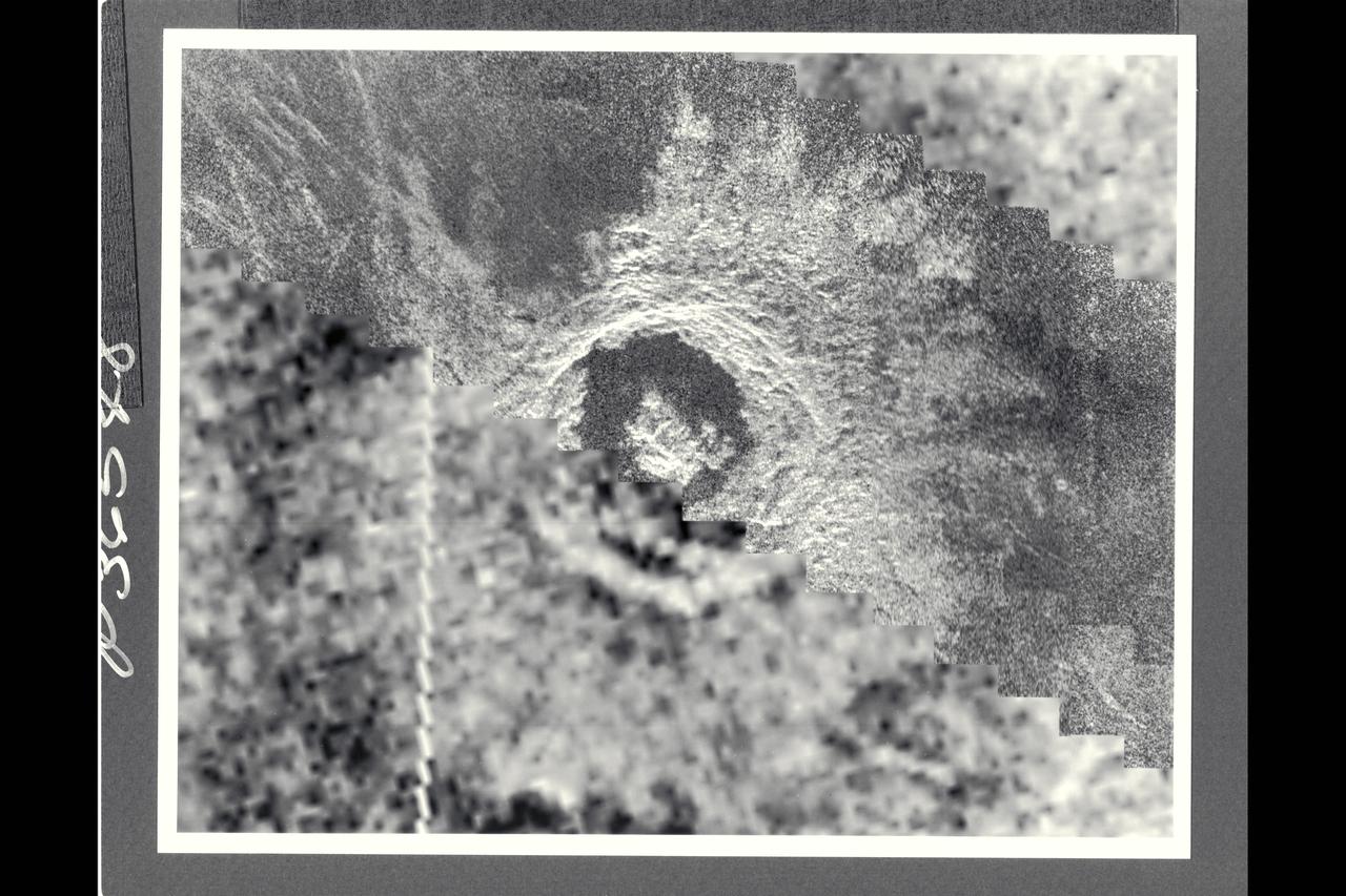 This image of the Venusian crater Golubkina, a 34-km (20.4 mi.) diameter impact crater located at about 60.5 degrees north latitude, 287.2 degrees east longitude, contains Magellan data mosaicked with a Soviet Venera 15/16 radar image of the sames feature.  The Magellan part of the image (right) reveals details of the geology of the crater such as the central peak, the inner terraced walls, and the extremely smooth floor of the crater.  The smoothness of the floor may be due to ponding of volcanic lava flows in the crater floor.  The rough, blocky morphology of the crater ejecta and the sharp terraced crater wall suggest that this feature is relatively young.