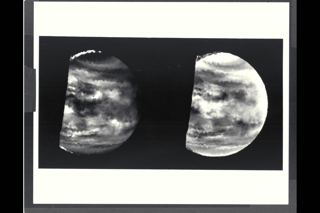 Range :  60,000 miles These images are two versions of a near-infrafed map of lower-level clouds on the night side of Venus, obtained by the Near Infrared Mapping Spectrometer aboard the Galileo spacecraft.The map shows the turbulent, cloudy middle atmosphere some 30-33 miles above the surface, 6-10 miles below the visible cloudtops.  The image to the left  shows the radiant heat from the lower atmosphere (about 400 degrees F) ahining through the sulfuric acid clouds, which appear as much as 10 times darker than the bright gaps between clouds.  This cloud layer is at about 170 degrees F, at a pressure about 1/2 Earth's atmospheric pressure.  About 2/3 of the dark hemisphere is visible, centered on longitude 350 West, with bright slsivers of daylit high clouds visible at top and bottom left.  The right image, a modified negative, represents what scientists believe would be the visual appearance of this mid-level cloud deck in daylight, with the clouds reflecting sunlight instead of clocking out infrared from the hot planet and lower atmosphere.  Near the  equator, the clouds appear fluffy and clocky; farther north, they are stretched out into East-West filaments by winds estimated at more than 150 mph, while the poles are capped by thick clouds at this altitude.  The Near Infrared Mapping Spectrometer (NIMS) on the Galileo is a combined mapping (imaging) and spectral instrument.  It can sense 408 contiguous wavelengths from 0.7 microns (deep red) to 5.2 microns, and can construct a map or image by mechanical scanning.  It can spectroscopic-ally analyze atmospheres and surfaces and construct thermal and chemical maps.