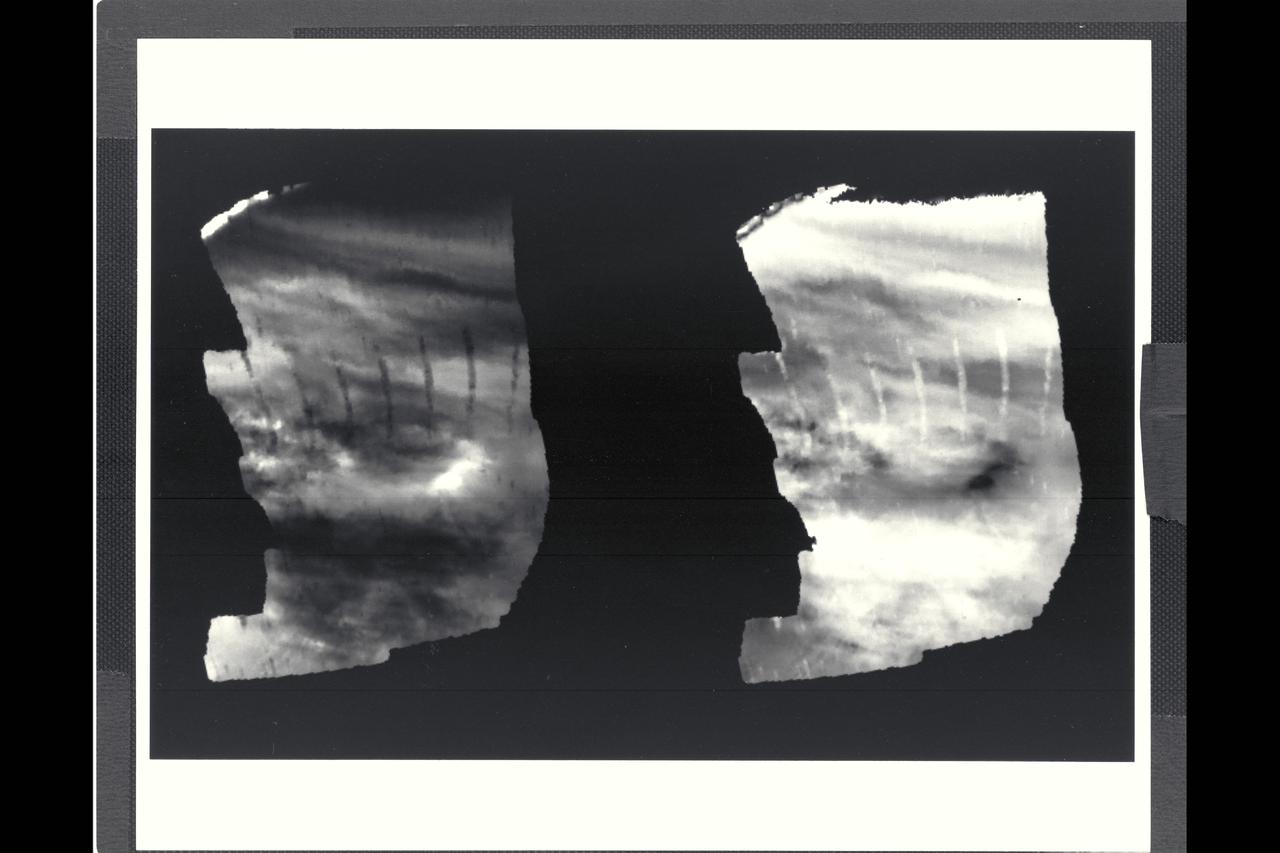 Range :  60,000 miles These images are two versions of a near-infrafed map of lower-level clouds on the night side of Venus, obtained by the Near Infrared Mapping Spectrometer aboard the Galileo spacecraft.The map shows the turbulent, cloudy middle atmosphere some 30-33 miles above the surface, 6-10 miles below the visible cloudtops.  The image to the left  shows the radiant heat from the lower atmosphere (about 400 degrees F) ahining through the sulfuric acid clouds, which appear as much as 10 times darker than the bright gaps between clouds.  This cloud layer is at about 170 degrees F, at a pressure about 1/2 Earth's atmospheric pressure.  About 2/3 of the dark hemisphere is visible, centered on longitude 350 West, with bright slsivers of daylit high clouds visible at top and bottom left.  The right image, a modified negative, represents what scientists believe would be the visual appearance of this mid-level cloud deck in daylight, with the clouds reflecting sunlight instead of clocking out infrared from the hot planet and lower atmosphere.  Near the  equator, the clouds appear fluffy and clocky; farther north, they are stretched out into East-West filaments by winds estimated at more than 150 mph, while the poles are capped by thick clouds at this altitude.  The Near Infrared Mapping Spectrometer (NIMS) on the Galileo is a combined mapping (imaging) and spectral instrument.  It can sense 408 contiguous wavelengths from 0.7 microns (deep red) to 5.2 microns, and can construct a map or image by mechanical scanning.  It can spectroscopic-ally analyze atmospheres and surfaces and construct thermal and chemical maps.