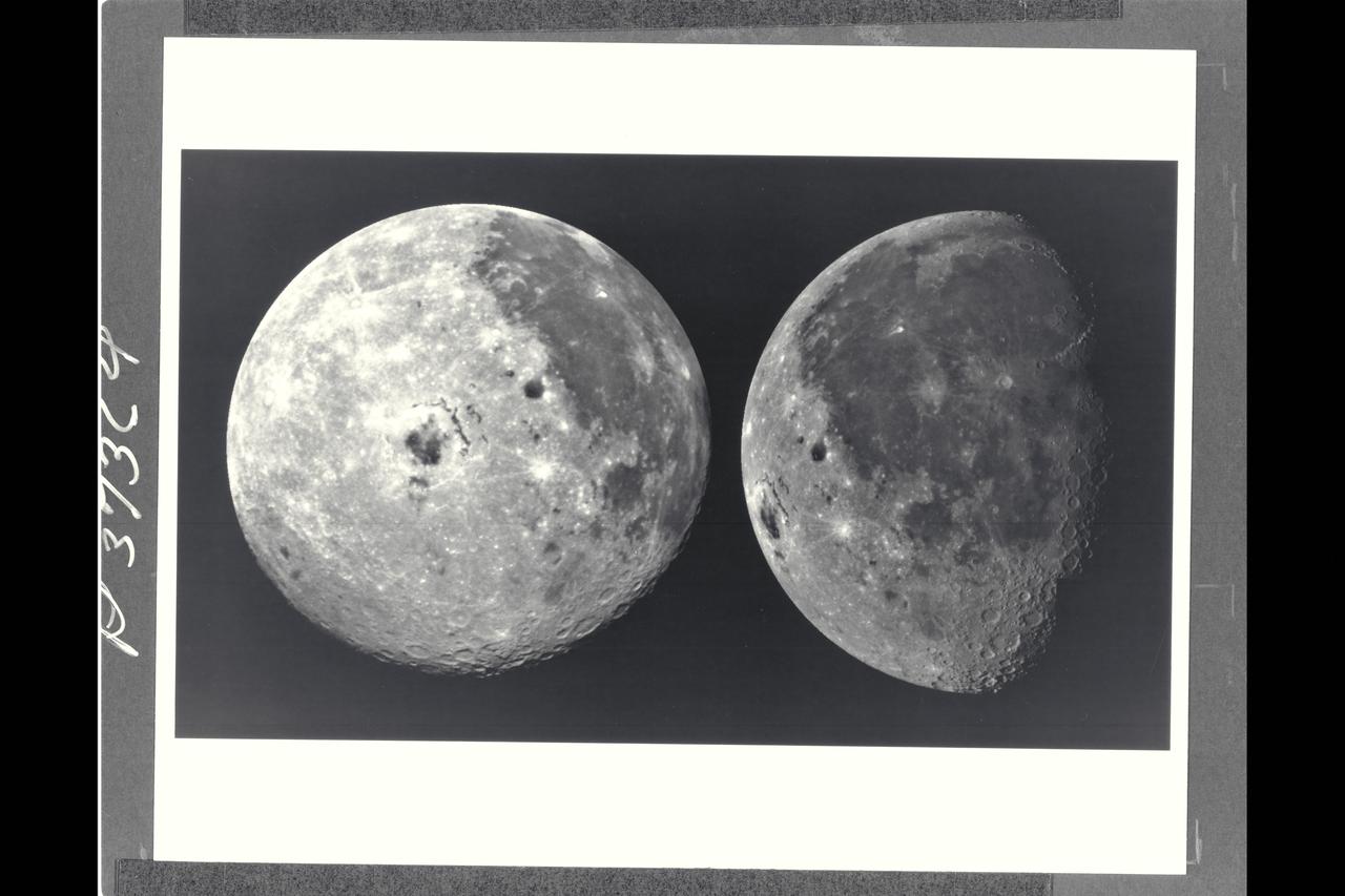 Range : 220,000 mi. (left)/350,000 mi. (right) These pictures of the Moon were taken by the Galileo spacecraft. Image on the right shows the dark Oceanus Procellarum in the upper center, with Mare Imbrium above it and the smaller circular Mare Humorum below. The Orientale Basin, with a small mare in its center, is on the lower left near the limb or edge. Between stretches the cratered highland terrain, with scattered bright young craters on highlands and maria alike. The left image shows the globe of the Moon rotated, putting Mare Imbrium on the eastern limb and moving the Orientale Basin almost to the center. The extent of the cratered highlands on tghe far side is very apparent., At lower left, near the limb, is the South-Pole-Aitken basin, similar to Orientale but very much older and some 1,200 miles in diameter. This feature was previously known as a large depression in the southern far side; this image shows its Orientale-like structure and darkness relative to surrounding highlands.