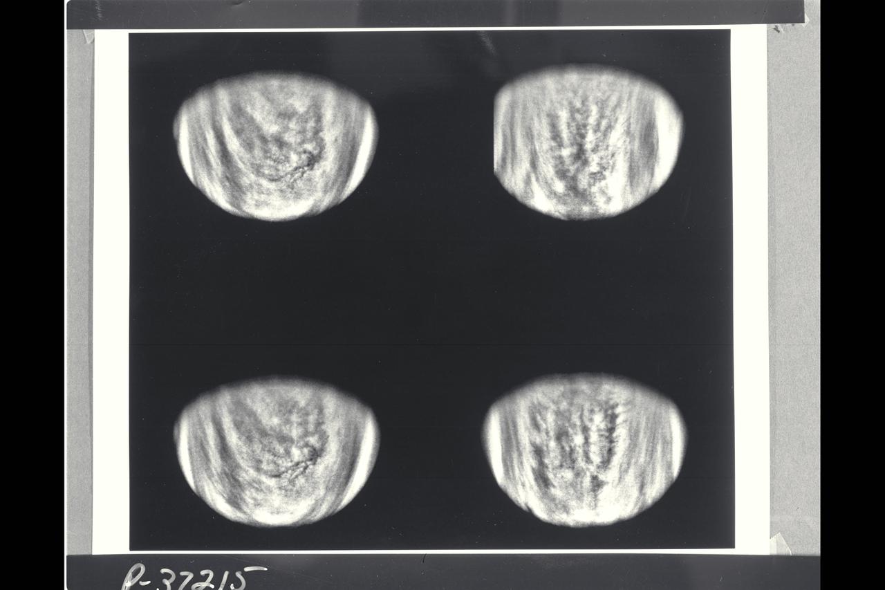 Range : 1.4 to 2 million miles These are enhanced versions of four views of Venus taken by Galileo's Solid State Imaging System. The pictures in the top row were taken about 4 and 5 days after closest approach, and those in the bottom row 6 days after closest approach, 2 hours apart. These show the faint Venusian cloud features vary clearly. A high-pass filter way applied to bring out broader global variations in tone. The bright polar hoods are a well-known feature of Venus. Of particular interest to planetary atmospheric scientists are the complex cloud patterns near the equator, in the vicinity of the bright subsolar point, where convection is most prevalent.