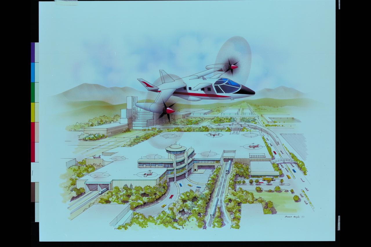 Artwork - Artist unknown High Speed Rotorcraft Concept Variable Diameter Civil Tilt-Rotor Artwork depicting vertiport (6-9 passenger)