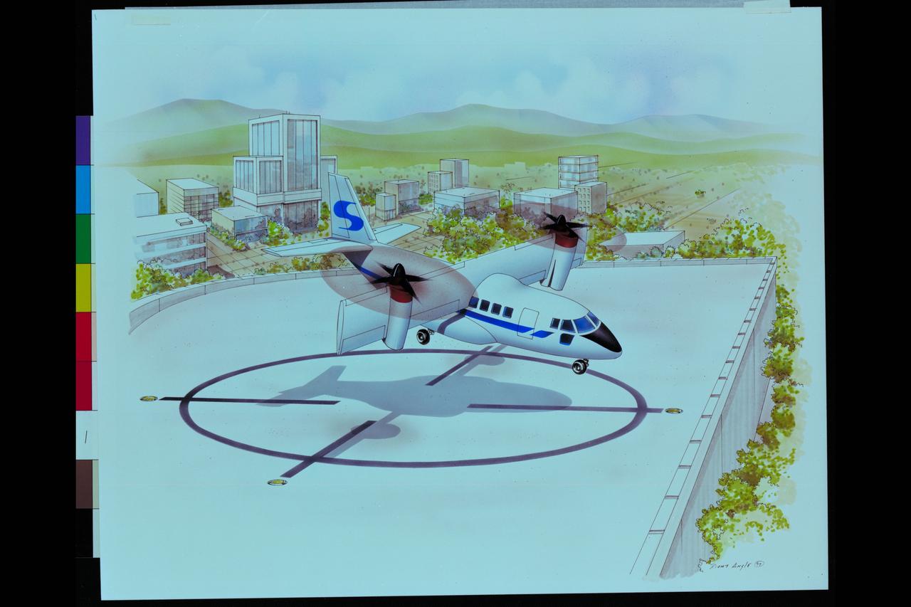 Artwork - Artist unknown High Speed Rotorcraft Concept Variable Diameter Civil Tilt-Rotor Artwork depicting vertiport take off/landing (40 passenger)