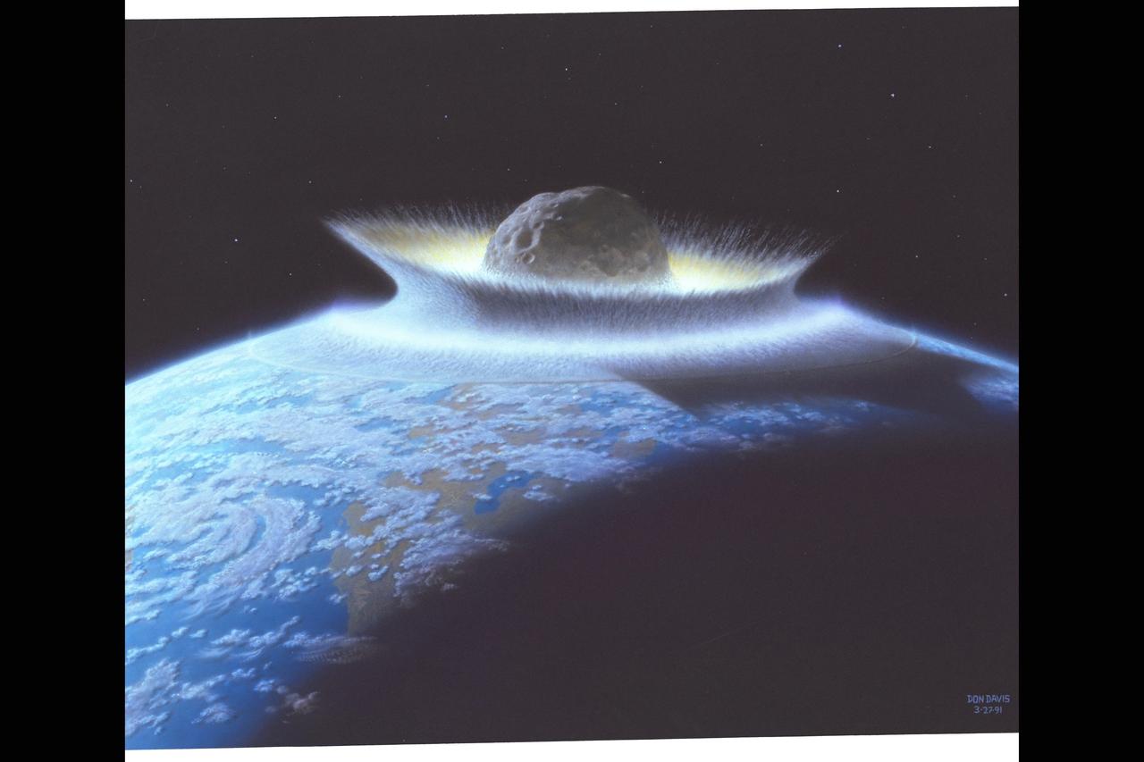 Art By: Don Davis Artist's concept of a catastrophic asteroid impact with the Earth Super-impacts (shown here) on the early Earth 3.5 billion years ago, may have wiped out life completely more than once.  Medium impacts would have vaporized upper ocean layers destroying origin-of-life process.  Some life may have survived at med-ocean ridges under thousands of feet of water.   Revised history for the origin-of -life on Earth has been devoloped from new findings about the frequency and sizes of colossal impacts on our planet.  The work was done by Bern Oberbeck and Dr. Kevin Azhnle. of NASA's Ames Research Center.