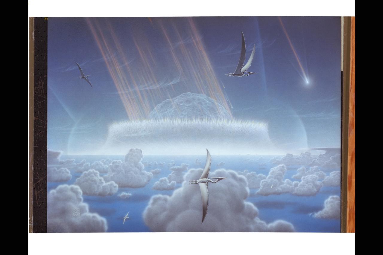 Prehistoric Yucatan Impact Crater: 'The infamous K-T impact event 65 million years ago (64.98 plus or minus  50,000 years), imagined here just as the bolide strikes, as seen by some high flying Pteranodons. Artwork for NASA by Don Davis. Acrylics and airbrush inks on  board.'  (nicknamed the Dino Killer)