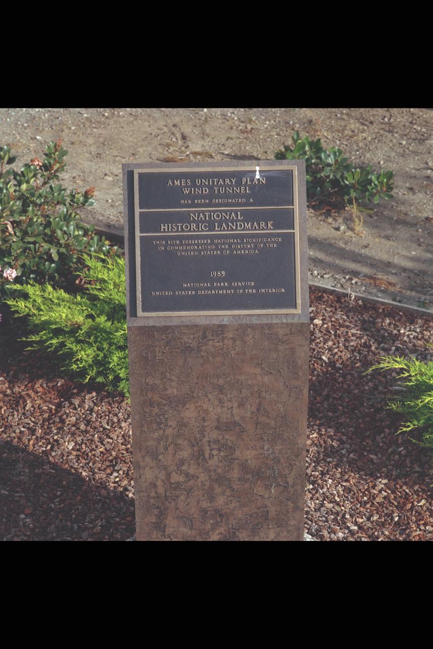 Unitary wind tunnels historical land mark site plaque (types of Aricraft Tested) (NASA Seal on tunnel)