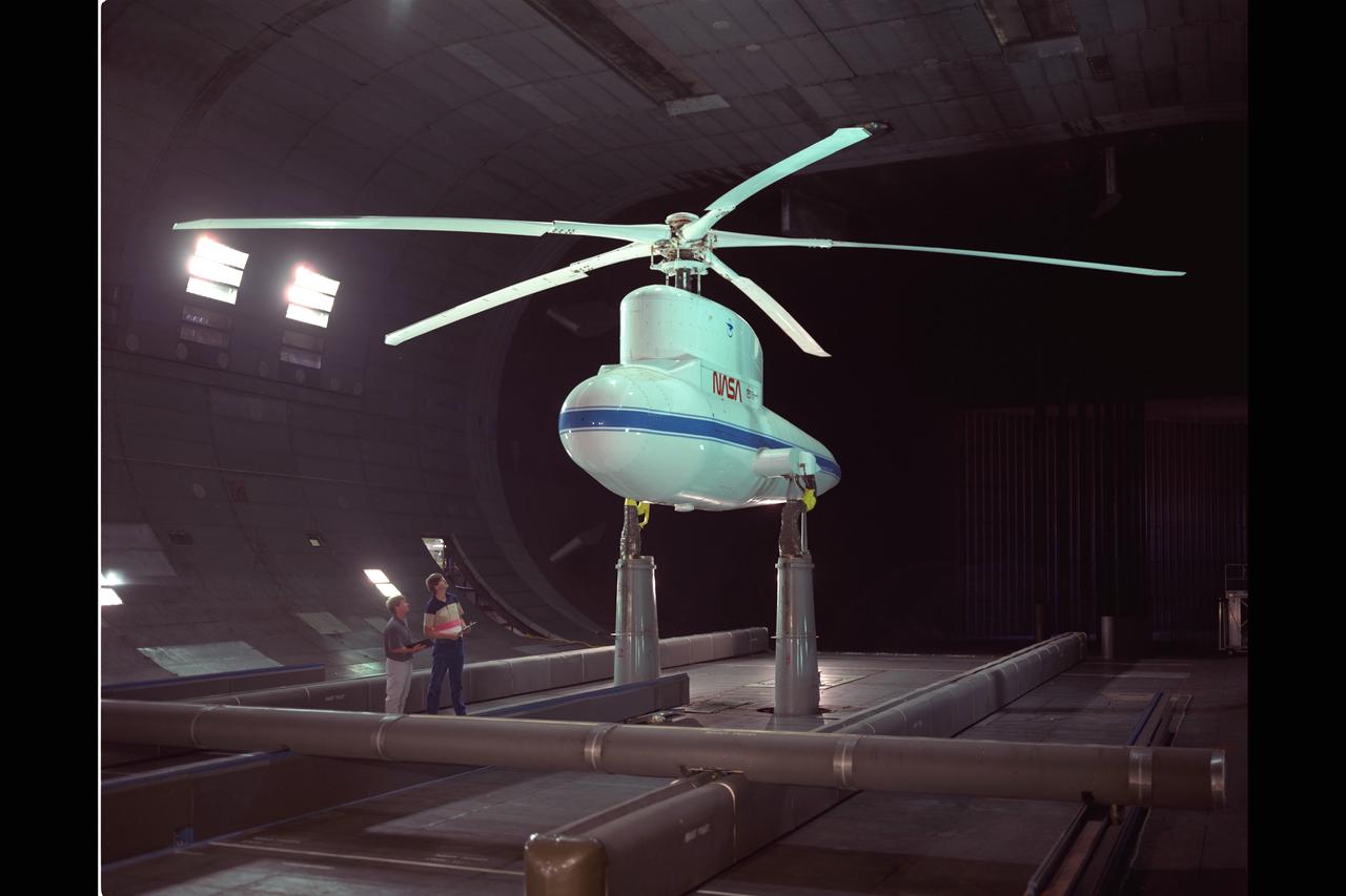 Sikorsky Bearingless Main rotor (SBMR) mounted on the Ames Rotor Test Apparatus (RTA) for testing in the NASA Ames40x80ft Subsonic Wind Tunnel, test-584.