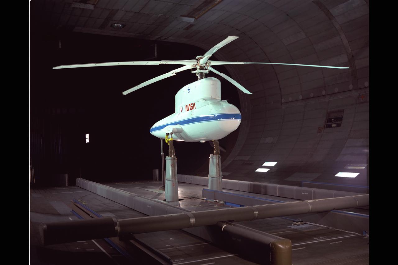 Sikorsky Bearingless Main rotor (SBMR) mounted on the Ames Rotor Test Apparatus (RTA) for testing in the NASA Ames40x80ft Subsonic Wind Tunnel, test-584.